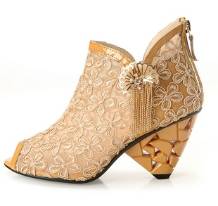  意尔康正品新款春夏真皮女凉鞋欧美风甜美镂空复古鱼嘴凉靴子