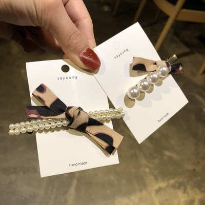 chic豹纹仿珍珠弹簧夹韩款高冷发夹精美蝴蝶结头饰小清新边夹发饰