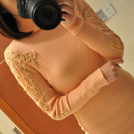 2012秋冬新款女装韩版蕾丝中长款修身针织打底衫 打底毛衣女