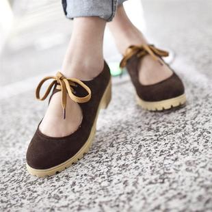  春鞋新款单鞋韩版女鞋子潮中跟粗跟复古皮鞋时英伦尚系带镂空