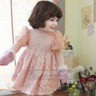  韩国童装女童连衣裙新款泡泡袖蕾丝加厚冬裙公主裙 儿童裙子