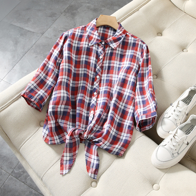 时髦定格 腔调犹存！英伦复古格子衬衫女下摆系带宽松五分袖衬衣