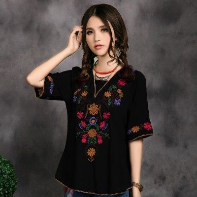 民族风女装 夏款新款2013 全棉V领绣花中袖衬衣 女士衬衫中国风