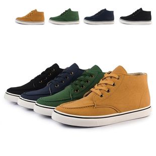  秋冬季男中帮帆布鞋 韩版潮英伦风男式休闲鞋 车缝线纯色男款板鞋