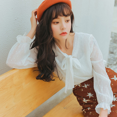 2018春夏新款仙气质网纱透视蕾丝衫女韩版小清新百搭系带打底上衣