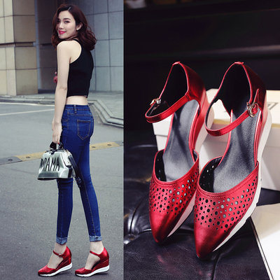 2018夏季新款真皮包头坡跟凉鞋女英伦镂空透气尖头高跟鞋厚底女鞋