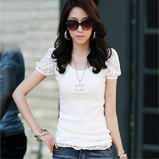 依她 夏装 新款女装韩版 泡泡袖蕾丝袖 纯色显瘦短袖T恤 女