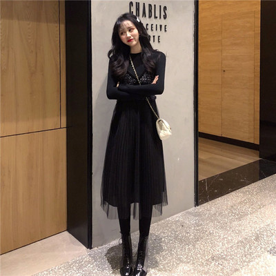 裙子女早春长裙法国小众连衣裙网纱拼接黑色复古收腰吊带连衣裙女
