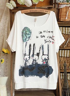  韩版春夏装新款 韩版女式百搭兔子亮片宽松蝙蝠袖短袖T恤 女