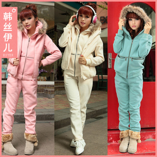  新年衣秋冬狐狸貉子毛连带帽韩版加绒加厚卫衣女套装三件套正品