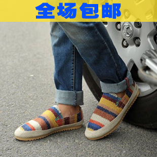  春秋炫彩民族风编织套脚男鞋子帆布鞋条纹格纹韩版休闲鞋板鞋