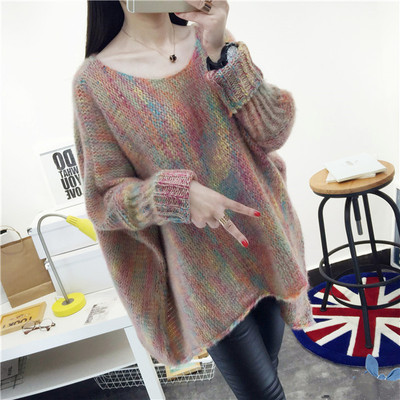 2019秋季韩版宽松套头毛衣彩色马海毛蝙蝠袖大码女装百搭针织衫潮