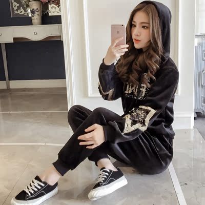 金丝绒卫衣运动两件套装女时尚2018新款加绒加厚网红秋冬俏皮休闲
