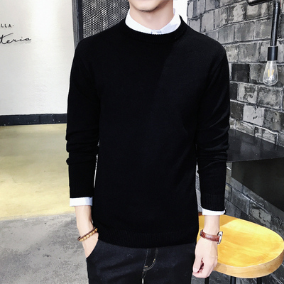 男士毛衣圆领韩版修身纯色长袖针织衫线衫秋冬男装毛线衣服男黑色