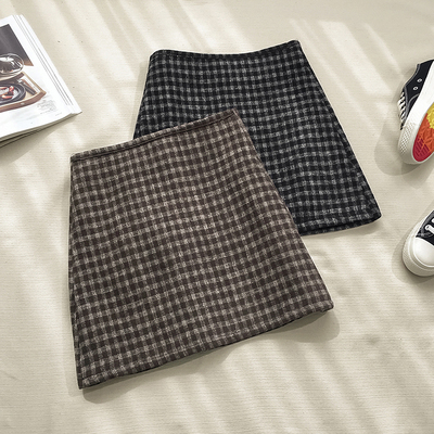 咖啡色半身裙秋冬女2019新款韩版a字高腰包臀短裙复古毛呢格子裙