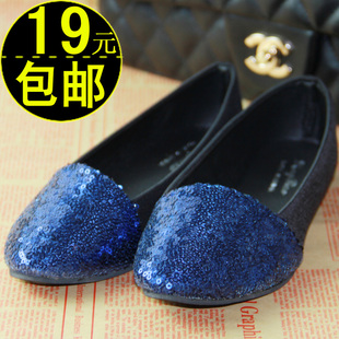  包邮平底单鞋撞色拼接亮片船鞋韩版新款尖头平跟鞋流行女鞋子