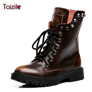  秋冬新品骷髅头真皮英伦马丁靴擦皮 欧美机车靴短靴复古系带女靴