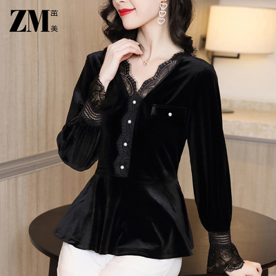 时尚好看金丝绒纽扣上衣女潮洋气百搭黑长袖T恤女打底衫时髦秋冬