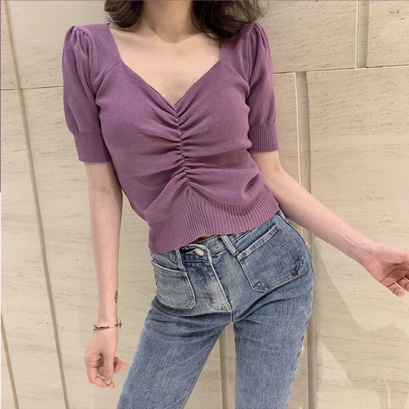 谨哥JG 花苞袖V领短袖女弹力针织衫修身显瘦短款上衣2019夏季新款|ruв категории Женская одежда, шерстяной свитер - от Buy2taobao.com для оказания профессиональной услуги покупки агента Taobao