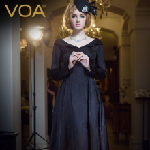 VOA 长袖真丝连衣裙女 暗纹提花海军领公主范典雅黑色中长裙A029图片