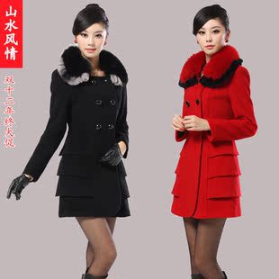  品牌冬正品新款女装修身大码长款狐狸毛领羊绒大衣毛呢外套毛