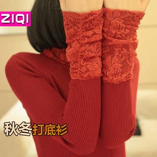  秋冬新款修身韩版蕾丝领中长款针织衫长袖加厚打底衫毛衣 女