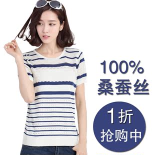 厂家直销夏装新款时尚镂空针织衫女雪纺衫短袖t恤打底衫条纹上衣