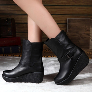  百丽冬季短靴女 真皮高跟复合底马丁靴坡跟松糕底女靴子包邮