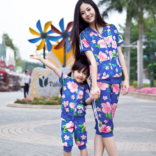  【全网首发】夏装新款花朵套装母女装短袖亲子装母子运动套装