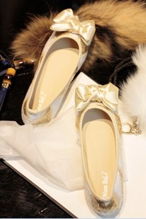  欧洲站欧美新款 大S婚鞋MIUMIU平跟底蝴蝶结 蕾丝亮片女单鞋