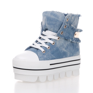  新款韩版牛仔帆布鞋高帮鞋高跟厚底鞋内增高松糕鞋女鞋休闲鞋