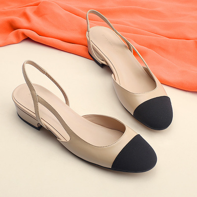 包头凉鞋女仙女风平底夏季低粗跟平跟百搭后空包脚小香风拼色单鞋