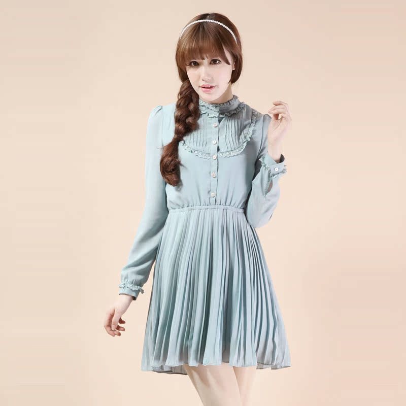 蕾丝花边中领百褶...