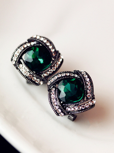  高贵绿色镶嵌满钻宝石复古风华丽高贵典雅大气方型大耳钉夸张欧美