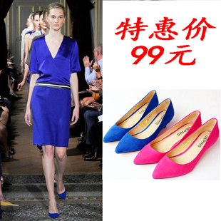  韩版新款浅口尖头单鞋中跟 OL 工作鞋蓝色优雅时尚女鞋玫红色婚鞋
