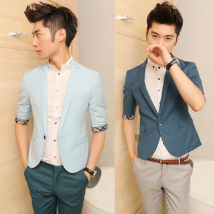  韩版休闲西服男士七分袖小西装英伦修身休闲西装小西服中袖潮流