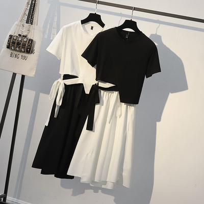 大码女装夏新款胖mm藏肉减龄洋气遮肉连衣裙胖妹妹腰粗遮肚子套装