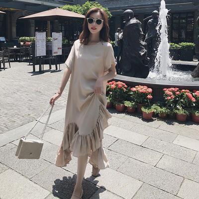 2019新款韩版鱼尾裙连衣裙学生夏中长款荷叶边下摆短袖宽松裙子潮
