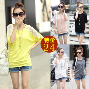  夏季新款女装蕾丝衫拼接t恤 女 短袖宽松大码 圆领打底衫 韩版潮