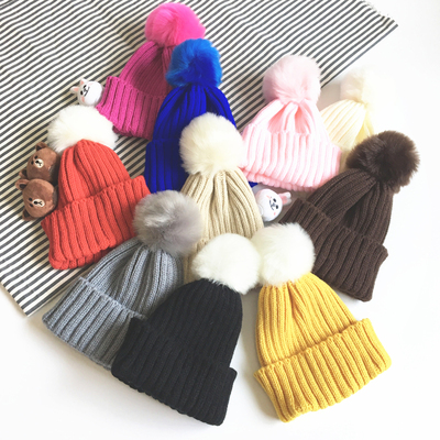 秋冬儿童加厚糖果色毛球毛线帽子韩版保暖护耳针织帽男女宝宝套头