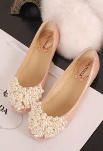  琪琪家 花样Honey甜心~MM最爱 粉嫩串珠 圆头平底鞋单鞋 婚鞋 特