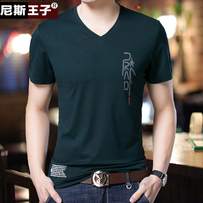 2018春夏新款半袖t恤短袖男士汗衫上衣纯色棉中年人爸爸装V领体桖