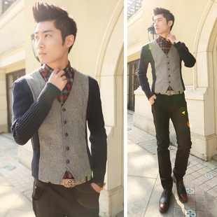 款韩版加厚拼皮立体剪裁时尚修身单排扣<em>毛衣</em>潮