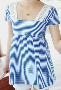  美特斯邦威夏装新款清新韩版甜美蕾丝边方领条纹女式T恤短袖T恤