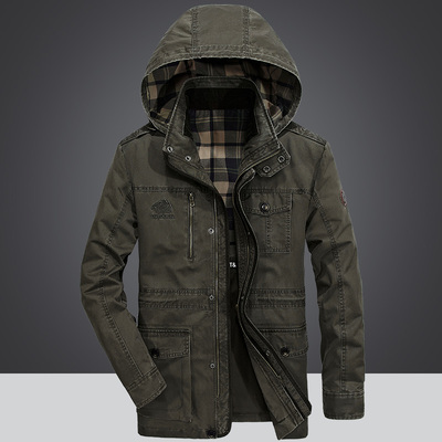 秋冬装户外工装夹克男士纯棉宽松大码中长款风衣军装带帽衣服外套