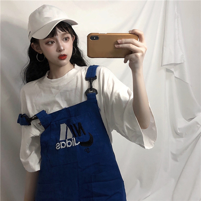 鬼马少女~夏季新款韩国chic复古学院风刺绣宽松休闲牛仔背带短裤