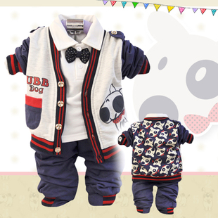  姿婴谷春装新款韩版男儿童学院风套装小狗印花三件套