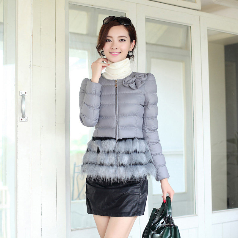 正品女款棉衣2013<em>新款</em>韩版狐狸毛皮草拼接短
