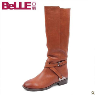  百丽正品真皮女靴 平跟高筒靴平底靴长靴子皮靴长筒靴骑士靴3C375