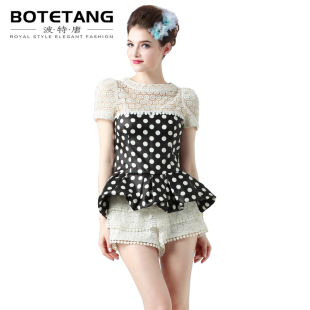  波特唐夏季女装短袖蝴蝶结修身蕾丝拼接圆点波点t恤女士上衣
